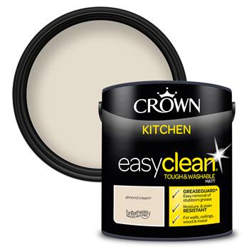 Crown Paints easyclean® Kitchen Matt Emulsion with GREASEGUARD+ - Washable & Wipeable Multi Surface Interior Paint - almond cream® - 2.5L